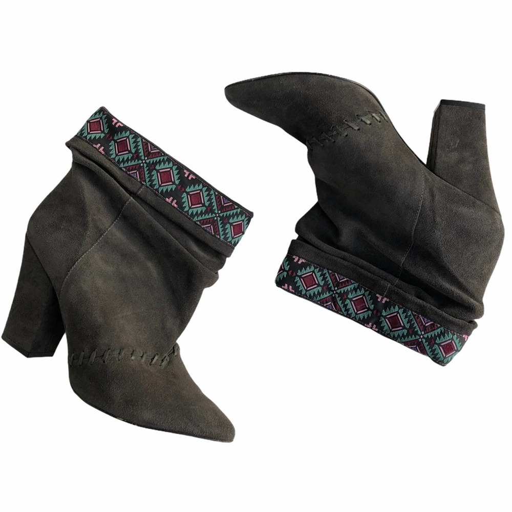 Anthropologie Gray Suede Heeled Ankle Boots with Teal & Plum Embroidered Cuff